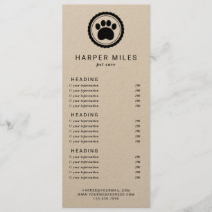 Dog groomer paw stamp price list of services card kaart