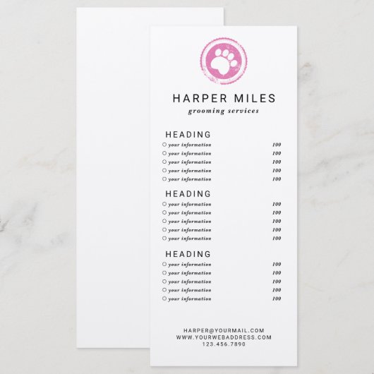 Dog groomer paw stamp price list of services card kaart (Voorkant / Achterkant)