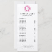 Dog groomer paw stamp price list of services card kaart (Voorkant)
