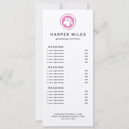 Dog groomer paw stamp price list of services card kaart (Voorkant)