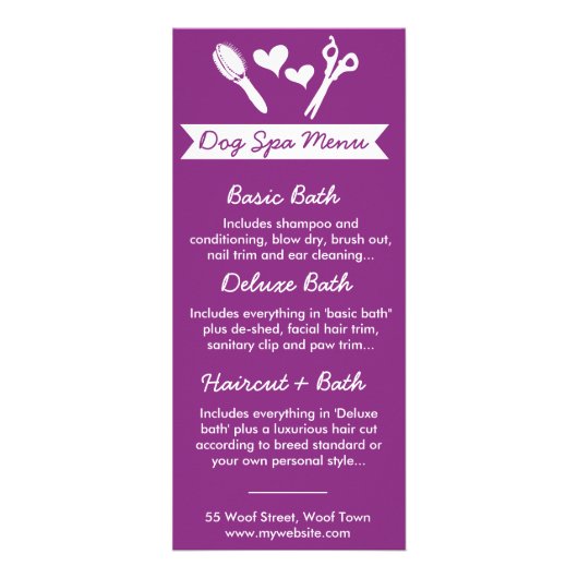 Dog Groomer Rack Kaart en Menu (Achterkant)