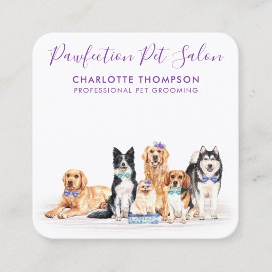 Dog Groomer Walker Pet Sitting Waterverf QR Code Vierkante Visitekaartje (Voorkant)