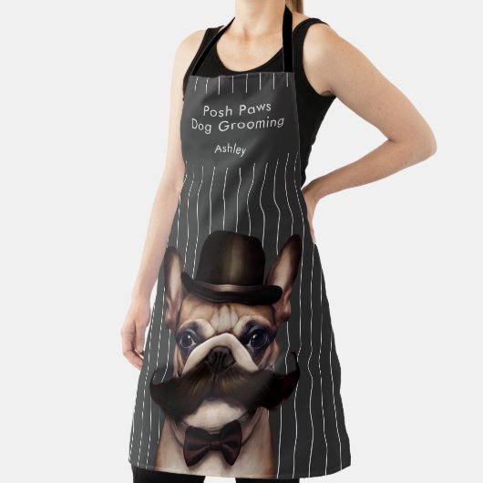 Dog Grooming Business Funny Frenchie Pinstripe Schort (Insitu)