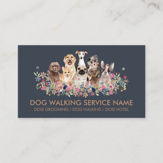 Dog Grooming Pet Service Flowers Simple Navy Visitekaartje (Voorkant)