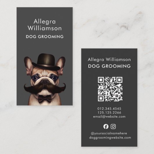 Dog Grooming QR code grappige Franse Bulldog Visitekaartje (Voorkant / Achterkant)