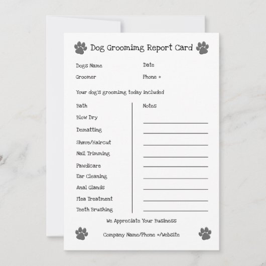 Dog Grooming Report Kaart (Voorkant)