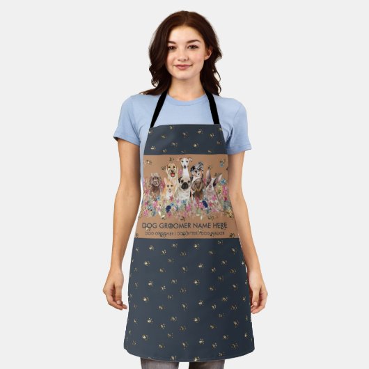 Dog Grooming Spa Salon Navy Gold Paws Schort (Gedragen)
