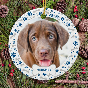 Dog Holiday Paw Drukt Blauw Aangepaste foto van Pe Keramisch Ornament