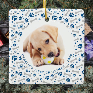 Dog Holiday Paw Drukt Gepersonaliseerd Pet 2 Foto Keramisch Ornament