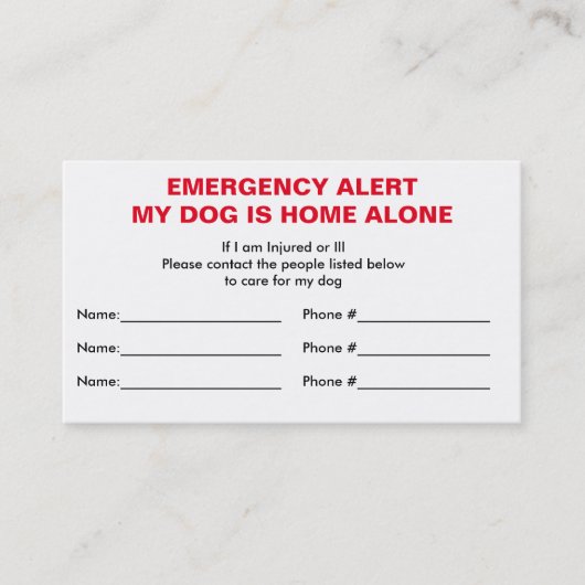 Dog Home Alone Emergency Contact Card Contactkaartje (Voorkant)