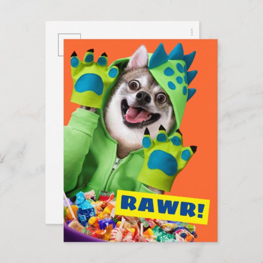 Dog in Dinosaur Costume Uitnodiging Briefkaart (Voorkant / Achterkant)