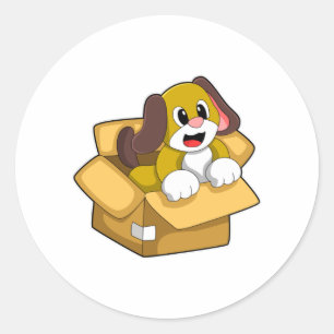 Dog in doos ronde sticker