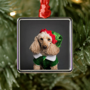 Dog in Elf Costume Metalen Ornament