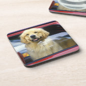 Dog in rood autoraam bier onderzetter (Linkerzijde)