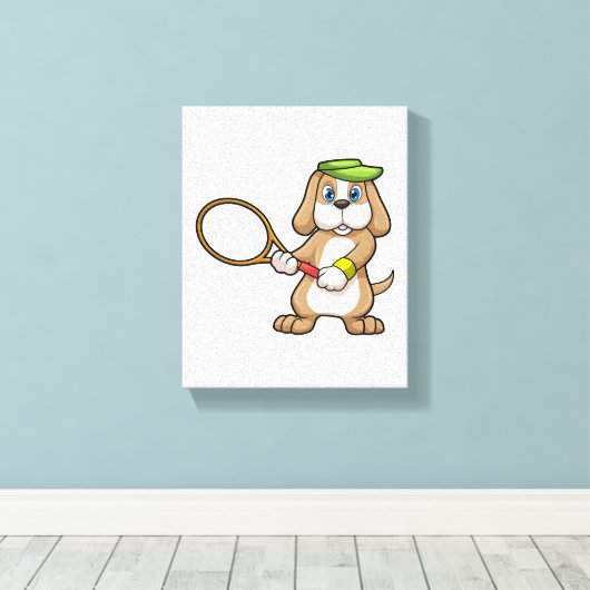 Dog in Tennis met Tennis racket & Pet Canvas Afdruk (Insitu (Houten vloer))