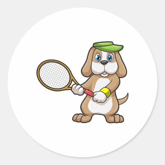 Dog in Tennis met Tennis racket & Pet Ronde Sticker (Voorkant)
