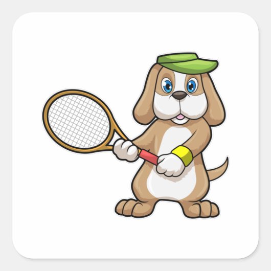 Dog in Tennis met Tennis racket & Pet Vierkante Sticker (Voorkant)