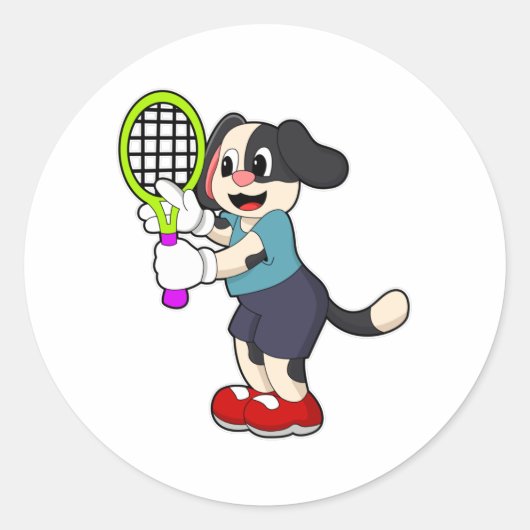 Dog in Tennis met Tennis racket Ronde Sticker (Voorkant)