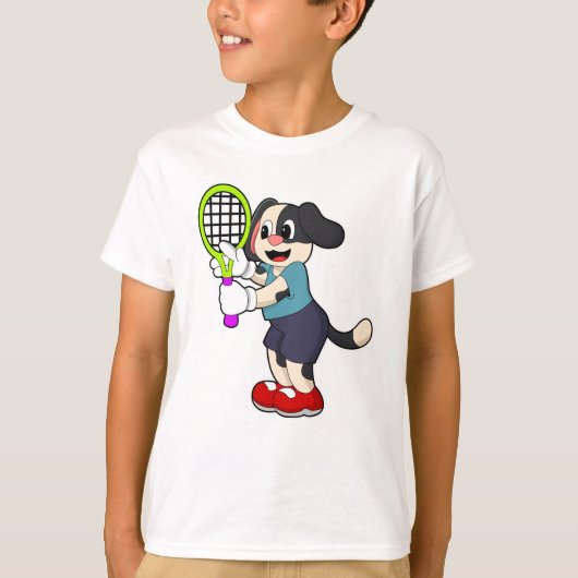 Dog in Tennis met Tennis racket T-shirt (Voorkant)
