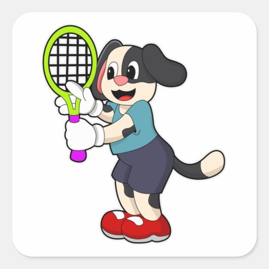 Dog in Tennis met Tennis racket Vierkante Sticker (Voorkant)