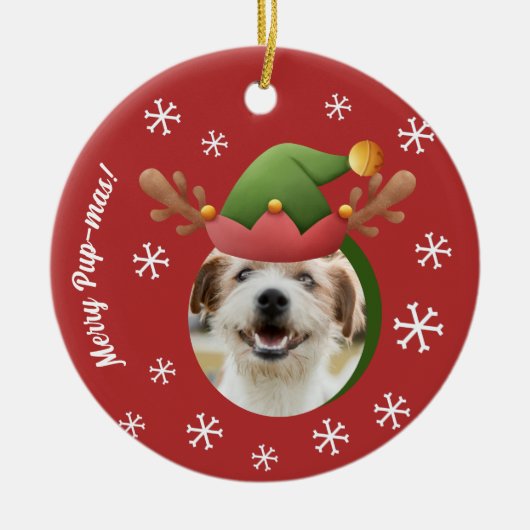 Dog Kerstmis Foto's w / Elf Rendier Antler Petten Keramisch Ornament (Voorkant)