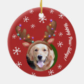 Dog Kerstmis Foto's w / Elf Rendier Antler Petten Keramisch Ornament (Achterkant)