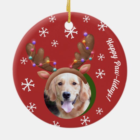 Dog Kerstmis Foto's w / Elf Rendier Antler Petten Keramisch Ornament (Achterkant)
