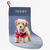 Dog Kerstmis | Modern Cute Blue Pet Photo Small Kleine Kerstsok (Voorkant)