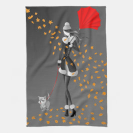 Dog & Lady Autumn Leaves Black Tea Towel Theedoek