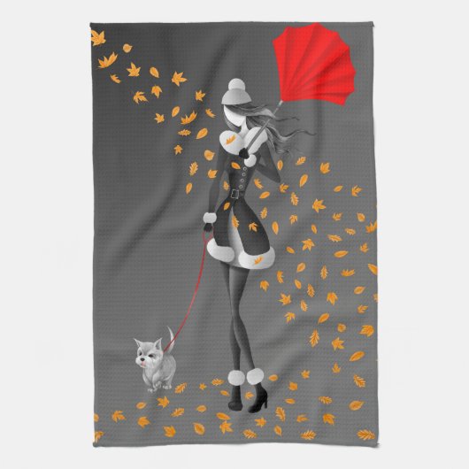 Dog & Lady Autumn Leaves Black Tea Towel Theedoek (Verticaal)