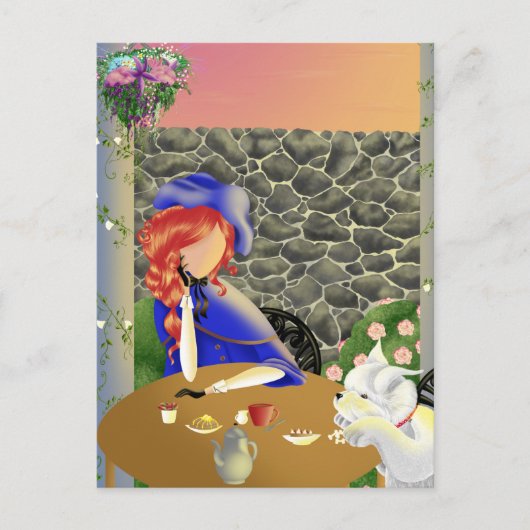 Dog & Lady in Café bij zonsondergang Briefkaart (Voorkant)