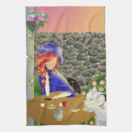 Dog & Lady in Café Lunch Tea Towel Theedoek (Verticaal)