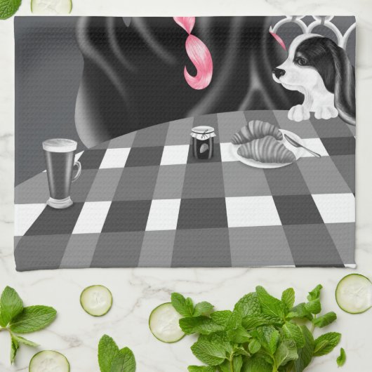 Dog & Lady in café Pink Hair Tea Towel Theedoek (Gevouwen)