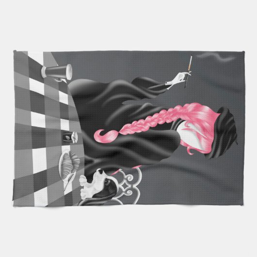 Dog & Lady in café Pink Hair Tea Towel Theedoek (Horizontaal)