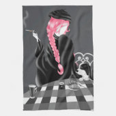 Dog & Lady in café Pink Hair Tea Towel Theedoek (Verticaal)