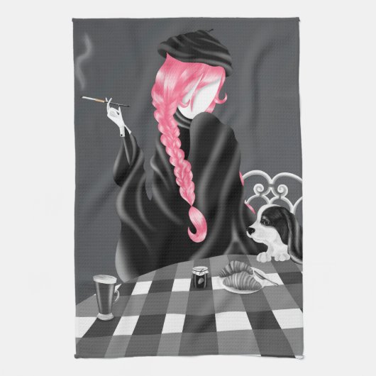 Dog & Lady in café Pink Hair Tea Towel Theedoek (Verticaal)