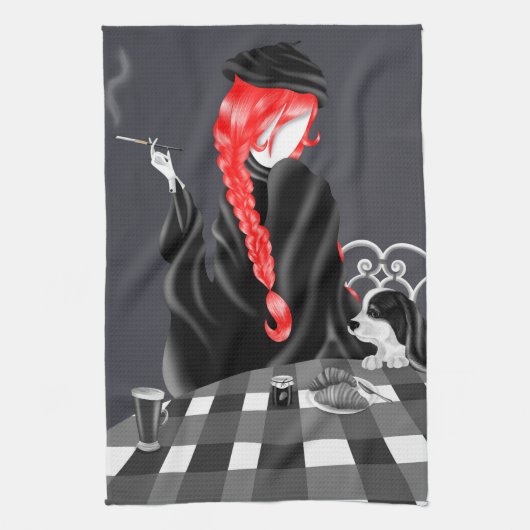 Dog & Lady in café Red Hair Tea Towel Theedoek (Verticaal)