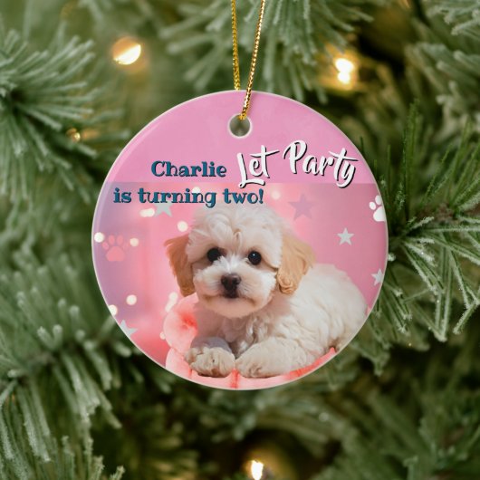 Dog Let's Party Birthday Keramisch Ornament (Boom)