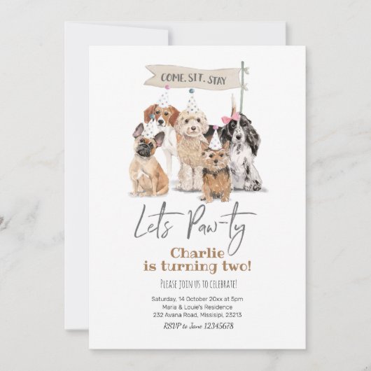 Dog Let's Pawty Birthday Invitation Kaart (Voorkant)