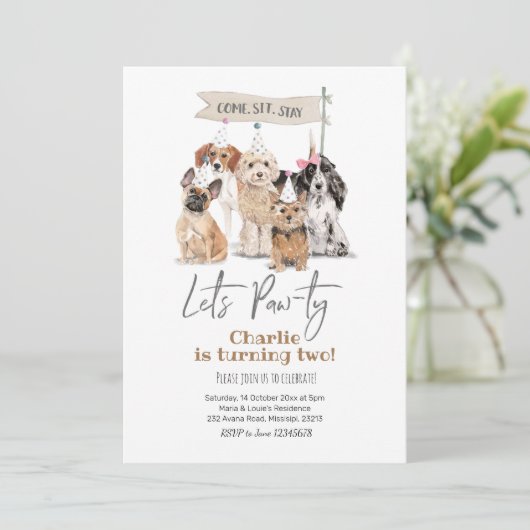 Dog Let's Pawty Birthday Invitation Kaart (Staand voorkant)