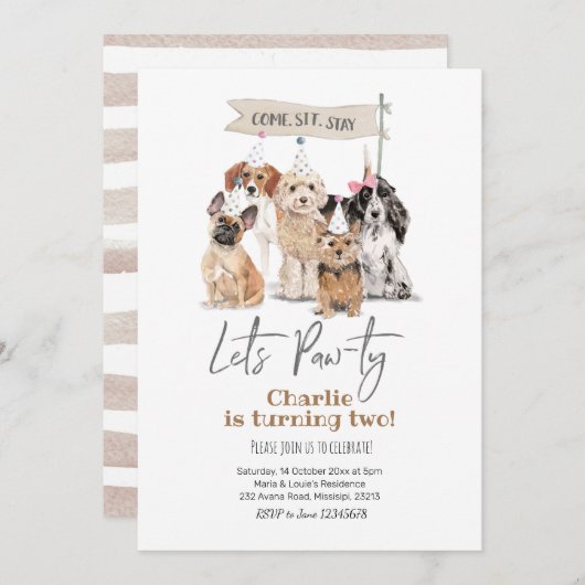 Dog Let's Pawty Birthday Invitation Kaart (Voorkant / Achterkant)