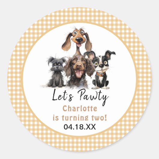 Dog Let's Pawty Birthday Ronde Sticker (Voorkant)