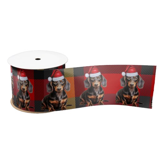 Dog Lover Plaid and Dachshund Christmas Satijnen Lint (Spoel)