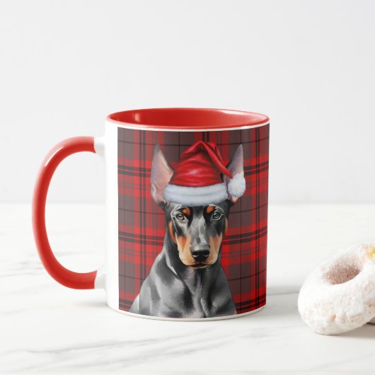 Dog Lover's Red Plaid Doberman Pinscher Holiday Mok (Met donut)