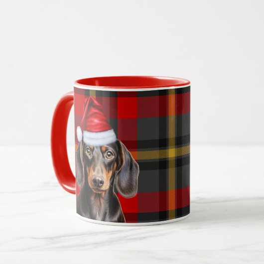 Dog Lover's Red Plaid Smooth Dachshund Holiday Mok (Voorkant links)