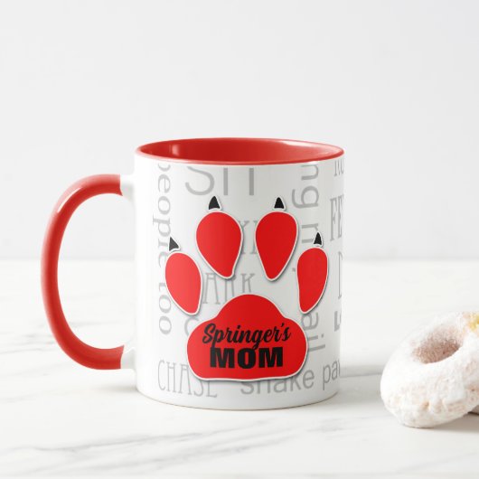 Dog Mam Red Paw Print met Dog's naam Mok (Met donut)