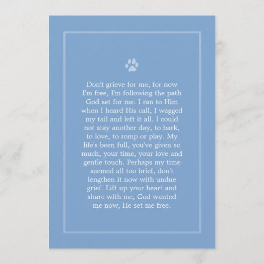Dog Memorial 5x7 Light Blue Don't Grieve Poem Programmakaart (Achterkant)