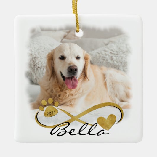 Dog Memorial Foto Paw Print Heart Infinity Cerami Keramisch Ornament (Voorkant)