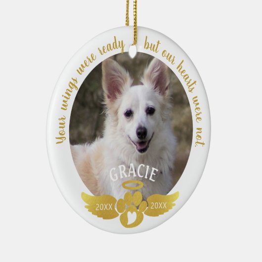 Dog Memorial Foto Pawprint Heart Angel Wings Gold Keramisch Ornament (Rechts)