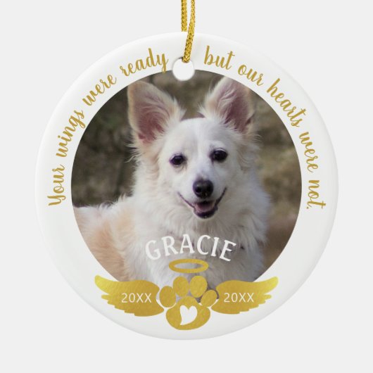 Dog Memorial Foto Pawprint Heart Angel Wings Gold Keramisch Ornament (Voorkant)